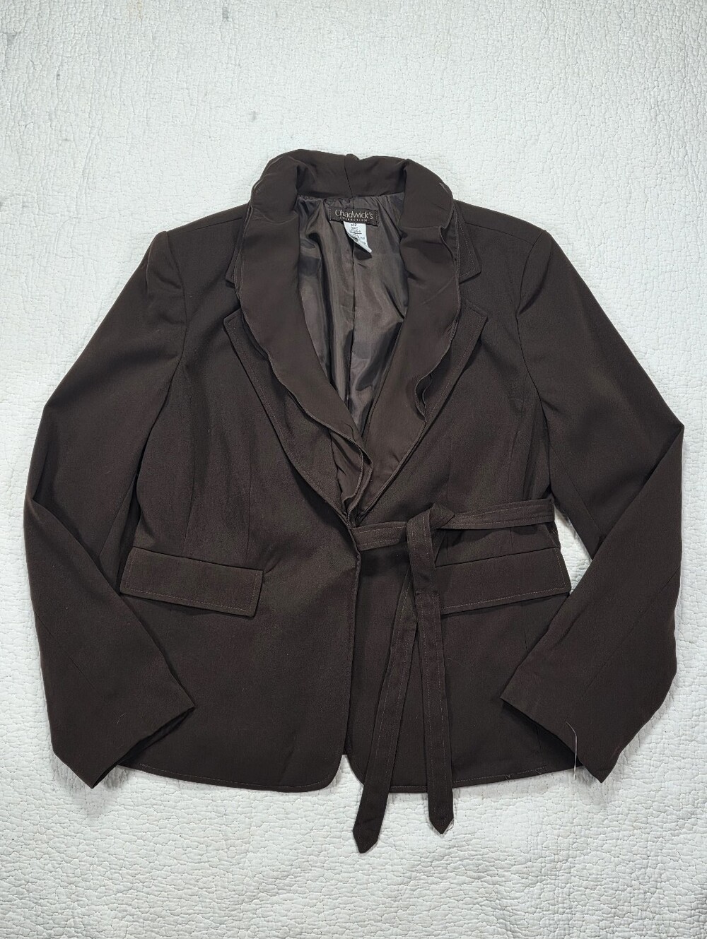 Vintage Chadwick's Collection Brown Ruffled Collar Tie Belt Sash Blazer Jacket